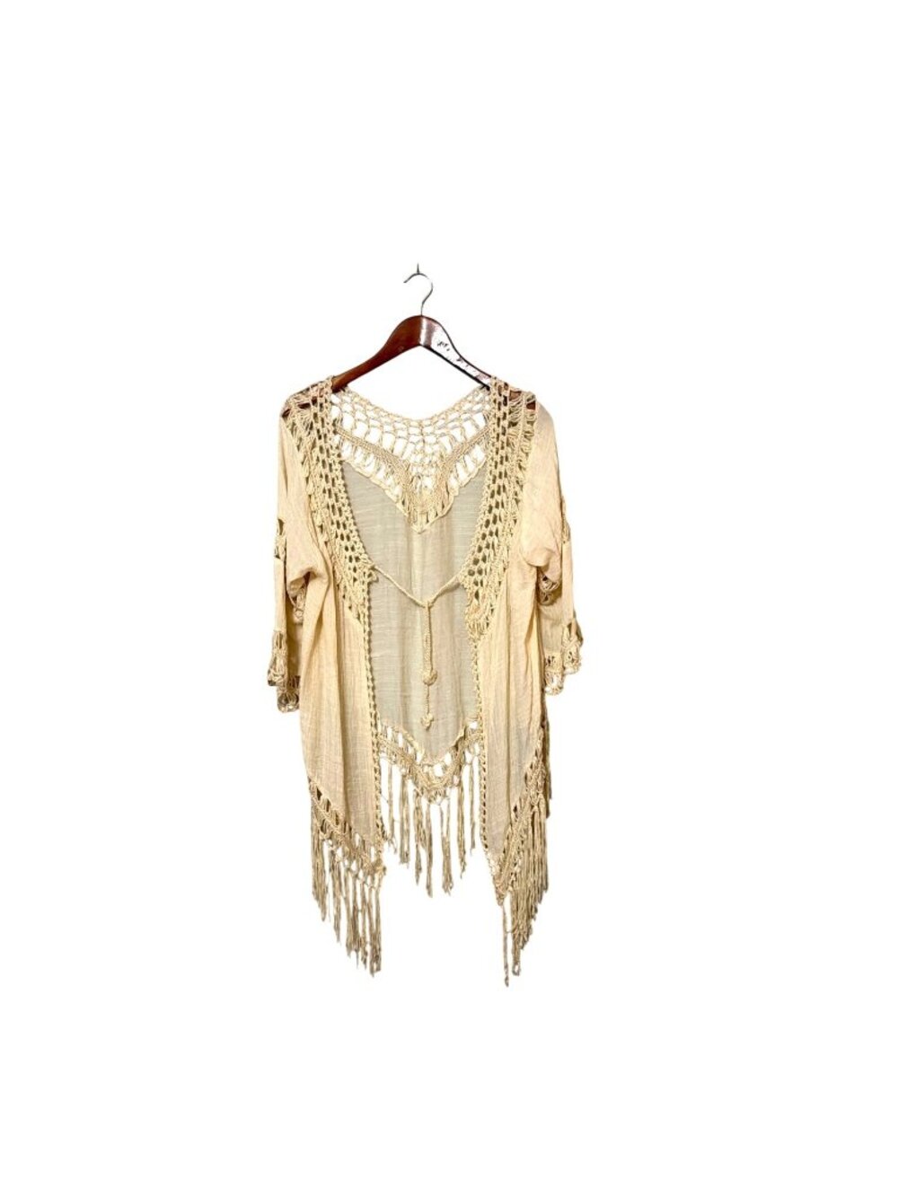 NWT Cupshe Beige Crochet Fringe Cover-Up Kimono OS Boho Swimsuit Bathingsuit